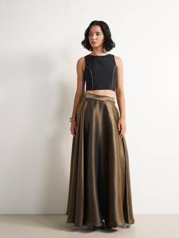 Pink Fort - Solid Gold Maxi Flared Silk Skirt