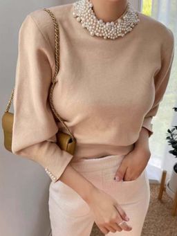 MISS MOSA BY AKANKSHA - Beige Embellished Comfortable Fit Sweater