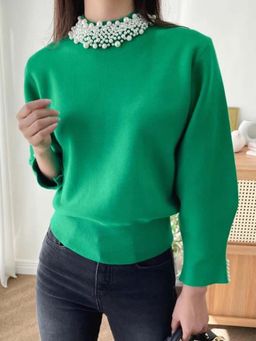 MISS MOSA BY AKANKSHA - Green Embellished Comfortable Fit Sweater