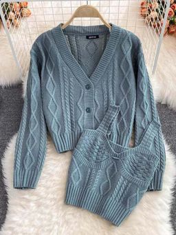 MISS MOSA BY AKANKSHA - Blue Self Design Cardigan with Inner (Set of 2)