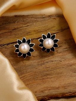 Estele - Rhodium Plated Glowing Pearl Stud Earrings with Black Enamel for Women