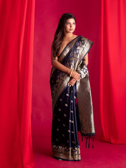 Beatitude - Blue Banarasi Saree with Unstitched Blouse