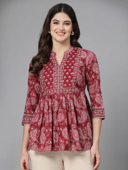 QOMN - Red Paisley Gathered Fit Top