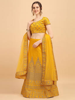 Amrutam Fab - Womens Yellow Coloured Hand Embroidered Malay Satin Bridal Lehenga Choli (Set of 3)