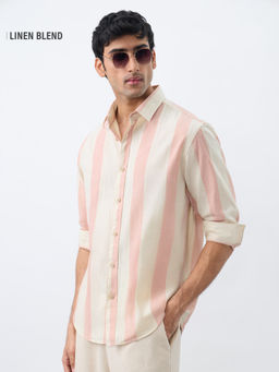The Souled Store - Pink Cotton-Linen Stripes Coral Men Cotton Linen Shirt