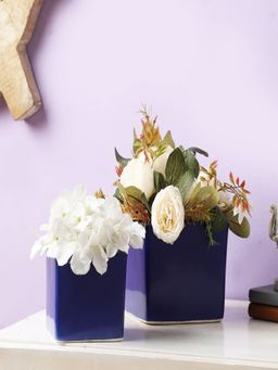 The Decor Mart - Blue Ceramic Rectangle Pots for Home, Indoor, Outdoor - Set of 2 (12x12x11 cms)