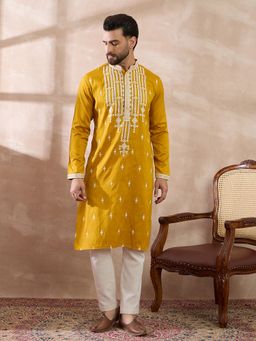ETHNIC BAY - Yellow Silk Blend Embroidered Straight Kurta with Pyjama