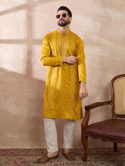 ETHNIC BAY - Mustard Silk Blend Embroidered Straight Kurta with Pyjama