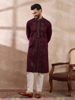 ETHNIC BAY - Purple Silk Blend Embroidered Straight Kurta with Pyjama