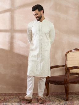 ETHNIC BAY - White Silk Blend Embroidered Straight Kurta with Pyjama