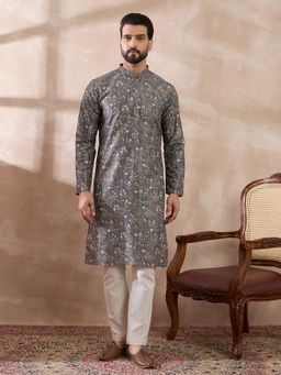 ETHNIC BAY - Grey Silk Blend Floral Straight Kurta with Pyjama