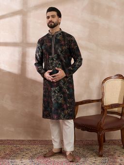 ETHNIC BAY - Black Silk Blend Floral Straight Kurta with Pyjama