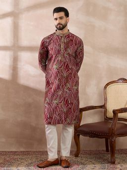 ETHNIC BAY - Red Silk Blend Abstract Straight Kurta with Pyjama