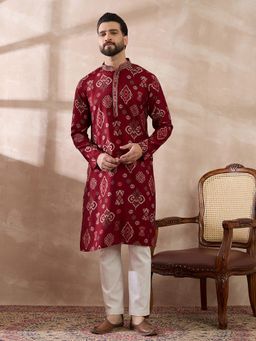 ETHNIC BAY - Red Silk Blend Abstract Straight Kurta with Pyjama