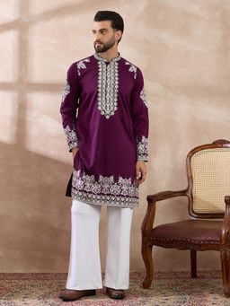 ETHNIC BAY - Purple Silk Blend Embroidered Straight Kurta with Pyjama
