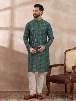 ETHNIC BAY - Green Silk Blend Geometric Straight Kurta with Pyjama