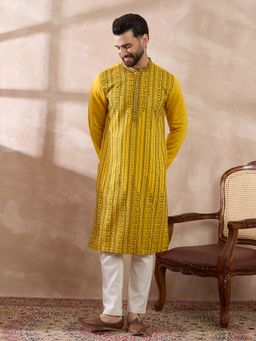 ETHNIC BAY - Yellow Silk Blend Embroidered Straight Kurta with Pyjama