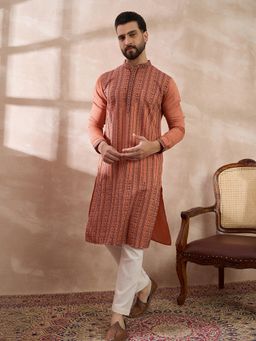ETHNIC BAY - Orange Silk Blend Embroidered Straight Kurta with Pyjama