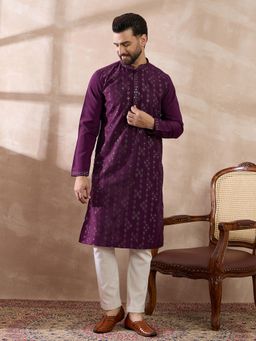 ETHNIC BAY - Purple Silk Blend Embroidered Straight Kurta with Pyjama