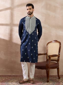 ETHNIC BAY - Navy Blue Silk Blend Embroidered Straight Kurta