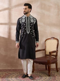 ETHNIC BAY - Black Silk Blend Embroidered Straight Kurta
