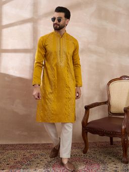 ETHNIC BAY - Mustard Silk Blend Embroidered Straight Kurta