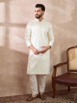 ETHNIC BAY - White Silk Blend Embroidered Straight Kurta