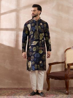 ETHNIC BAY - Navy Blue Silk Blend Abstract Straight Kurta