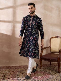 ETHNIC BAY - Blue Silk Blend Abstract Straight Kurta