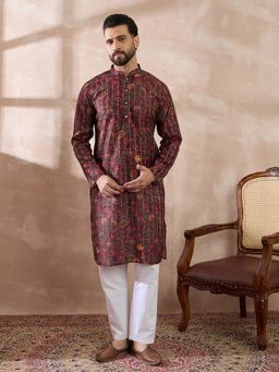 ETHNIC BAY - Maroon Silk Blend Floral Straight Kurta