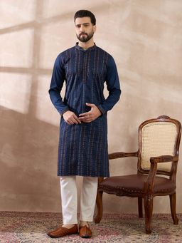 ETHNIC BAY - Navy Blue Silk Blend Embroidered Straight Kurta