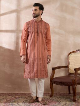 ETHNIC BAY - Orange Silk Blend Embroidered Straight Kurta
