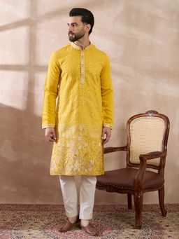 ETHNIC BAY - Yellow Silk Blend Embroidered Straight Kurta