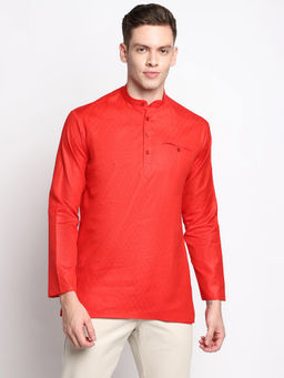 Devoiler - Men Self Design Red Cotton Short Kurta