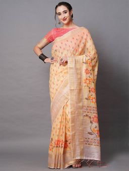 Odette - Yellow Festive Linen Blend Printed Saree with Unstitched Blouse