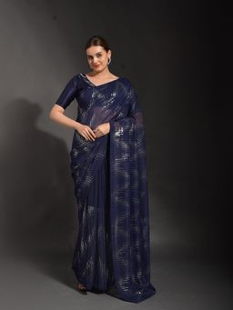 Odette - Navy Blue Georgette Designer Saree with Unstitched Blouse