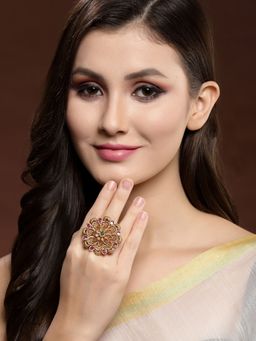 PANASH - Women Gold Plated Purple and Green Kundan Studded Hand Painted Adjustable Finger Ring