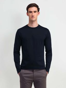 Arrow - Navy Blue Solid Ribbed Round Neck T-Shirt