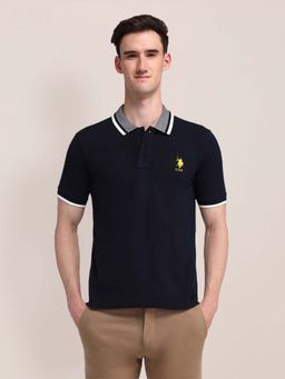 U.S. POLO ASSN. - Men Navy Blue Solid Cotton Polo T-shirt