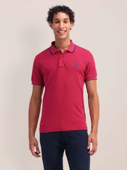 U.S. POLO ASSN. - Men Pink Solid Pattern Slim Fit Polo T-shirt