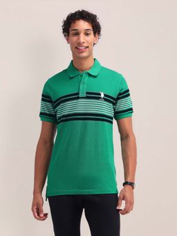 U.S. POLO ASSN. - Green Horizontal Striped Slim Fit Polo T-shirt