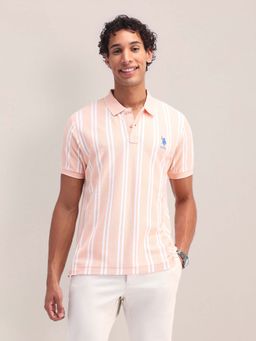 U.S. POLO ASSN. - Peach Vertical Striped Slim Fit Polo T-shirt