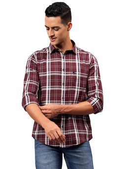 Cantabil - Men Maroon Checkered Full Sleeves Casual Shirt