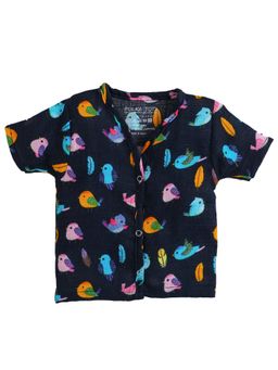 Polka Tots - Unisex Navy Blue Organic Cotton Half Sleeve Bird Print Jabla
