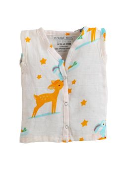 Polka Tots - Unisex Off White Organic Cotton Sleeveless Deer Print Jabla
