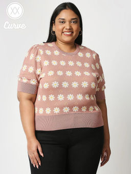 Twenty Dresses by Nykaa Fashion - Curve Pink Printed Crew Neck Sweater
