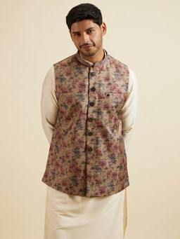 Manyavar - Beige Printed Regular Nehru Jacket