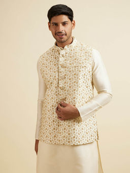 Manyavar - Cream Embroidered Regular Nehru Jacket