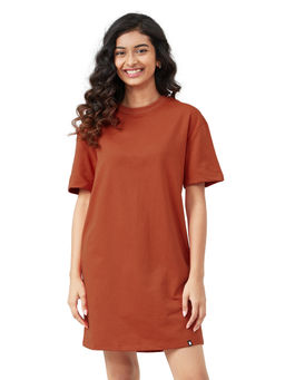 The Souled Store - Solid Rust Red Oversized T-shirt Dresses for Womens