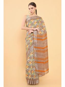 Soch - Women Mustard Chanderi Printed Saree with Unstitched Blouse